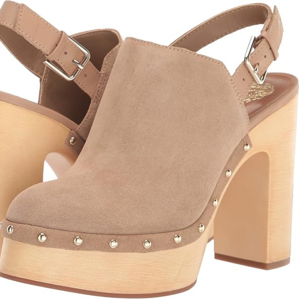 NEW Vince Camuto Ithernda Studded Suede Clog Heels – Tortilla (Size 7.5M) 🤎✨